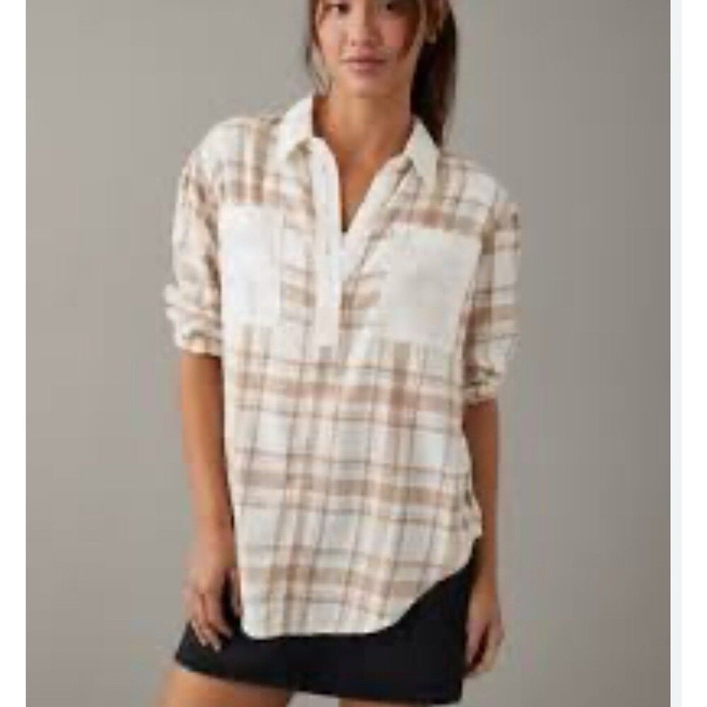 American Eagle Women’s Oversized Plaid Pullover Shirt Large Preppy School Work